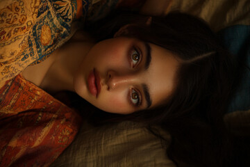 Wall Mural - A young Arabian hippie girl, her soft skin illuminated by the golden light of the setting sun, lying on a bed with earthy textures and colors, her serene gaze capturing the quiet beauty of the moment.