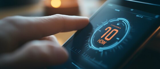 Poster - A close-up of a hand interacting with a smartphone screen displaying a digital speedometer, illustrating technology and innovation.