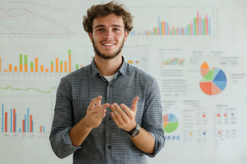 A young Caucasian professional confidently presenting before a whiteboard filled with charts and graphs. His expression reflects authority and expertise, embodying the essence of a successful business