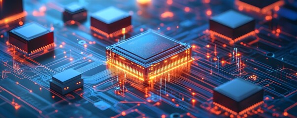 Poster - Close-up of glowing microchips on a circuit board, showcasing intricate technology and vibrant electronic components.