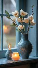 Canvas Print - White flowers in a blue vase on a windowsill.