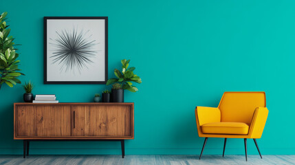 Canvas Print - A yellow armchair sits in front of a teal wall with a wooden cabinet and plants.