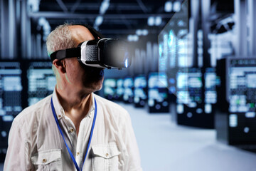 Poster - old cloud computing business executive immersed in virtual reality at data center, doing equipment m