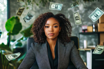 Sticker - A young adult African American woman in a trendy business suit sits at her desk, with flying money symbolizing success. Her confident expression and professional stance highlight her ambition in a