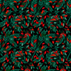 Wall Mural - Green and red seamless background twigs and leaves. hand drawing. Not AI, Vector illustration.