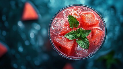 Wall Mural -   A macro shot of a drink in a goblet adorned with a mint leaf on its rim