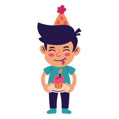 Poster - boy with party hat holding a birthday cupcake