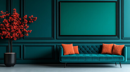 Wall Mural - Teal velvet sofa with orange throw pillows in a modern living room.