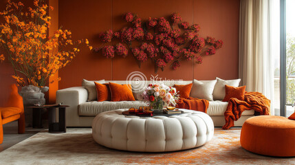 Canvas Print - Stylish living room with orange accents.