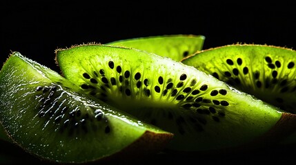 Wall Mural -   A cut kiwi fruit sits atop a black counter with sliced kiwi beside it