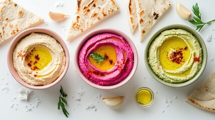 Wall Mural -   Three bowls sit next to each other, filled with hummus, pita bread, and a small amount of hummus