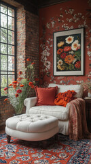 Wall Mural - A cozy living room with a white armchair, ottoman, and floral wallpaper.