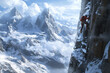 © wolfhound911 - A dramatic mountain climbing adventure, with a climber gripping a sheer rock wall, the rugged terrain below and a vast expanse of snow-dusted peaks stretching toward the horizon.