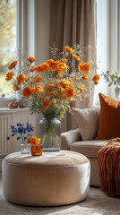 Canvas Print - A vase of orange flowers sits on a coffee table in a living room with a plush sofa.