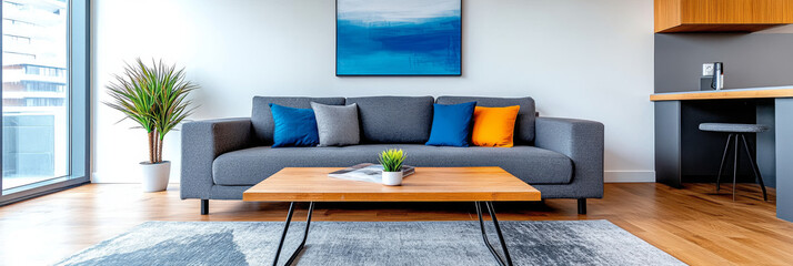 Poster - Modern living room with gray sofa, wooden coffee table, and blue and orange pillows.