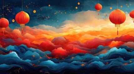 Poster - Vibrant clouds and floating lanterns in a colorful sky.