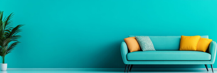 Canvas Print - Teal sofa with yellow and white pillows in a minimalist living room.