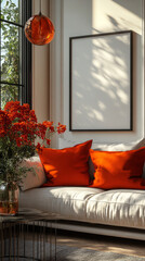 Poster - Modern living room with white sofa, orange throw pillows, and a large picture frame.