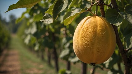 closeup image of a cantaloupe attached to its tree background