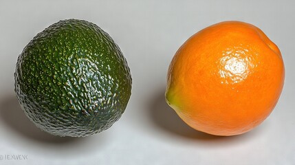 Wall Mural -   An orange and avocado sitting side by side on a white surface, reflecting light