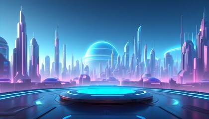 Wall Mural - Luminescent Blue Dome and Platform in a Cutting-Edge Cityscape 3D Illustration