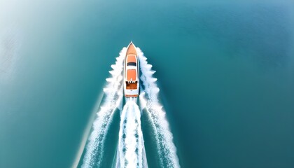 Wall Mural - Vibrant orange speedboat creating a striking white wake in an aerial ocean view