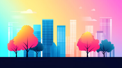 Wall Mural - Silhouette of trees against a colorful city skyline.