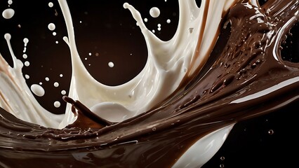 Aufkleber - close up image capturing the dynamic splash of two contrasting liquids against a dark background features a dramatic interplay between creamy white and rich brown fluids