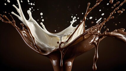 Aufkleber - close up image capturing the dynamic splash of two contrasting liquids against a dark background features a dramatic interplay between creamy white and rich brown fluids