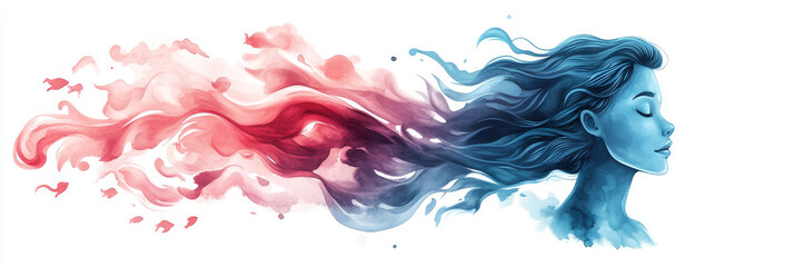 Poster - Watercolor illustration of a woman with flowing hair, evoking a sense of freedom and tranquility.