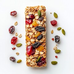 Poster - Nutritious granola bar loaded with dried fruit and seeds. Healthy snacking option with vibrant colors. Perfect for energy boost and fitness enthusiasts. Ideal for breakfast or a quick pick-me-up. AI