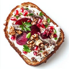 Wall Mural - A beautifully styled slice of bread topped with cream cheese, pomegranate seeds, walnuts, and fresh herbs. This image represents healthy cuisine and vibrant food presentation. AI