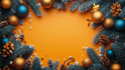 an orange holiday background with an empty space for text, with a decor and yellow and blue christma