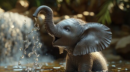 Poster -   A baby elephant stands in water, its trunk raised high