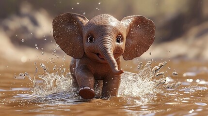 Poster -   A baby elephant in water, with its trunk in its mouth and head emerging