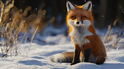 Poster -   Red fox in snow, grass background, snowy ground