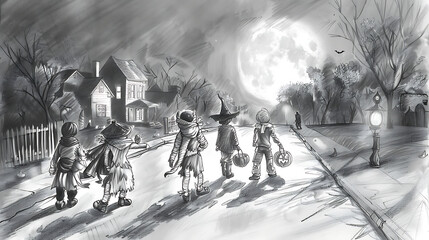 Wall Mural - A pencil sketch of kids in Halloween costumes, dressed as classic monsters like mummies and werewolves, trick-or-treating under a full moon