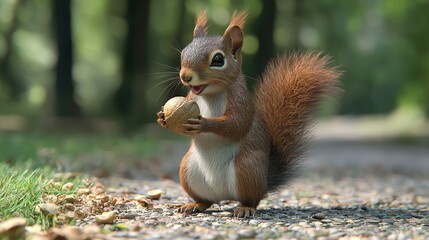 Canvas Print -  A squirrel eats a nut on a gravel road beside trees in the background