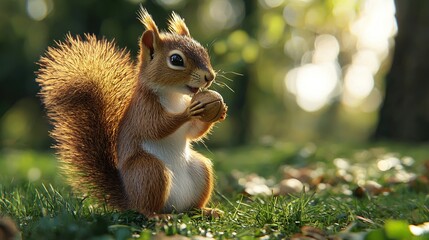 Sticker -   A squirrel on a grassy field with trees behind