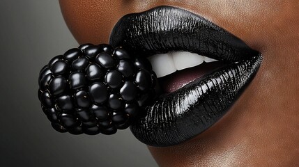 Canvas Print -   A close-up photo of a woman's mouth, featuring red lips and a raspberry positioned there