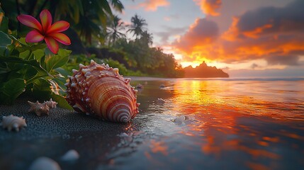 Wall Mural -   A seashell close-up on a beach with a sunset in the distance