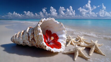 Sticker -  Red seashell with flower, starfish, blue sky, clouds