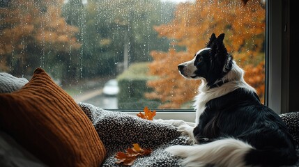 Poster -   A monochromatic canine lounging on a sofa, gazing out the window amidst autumn foliage adorning the sill