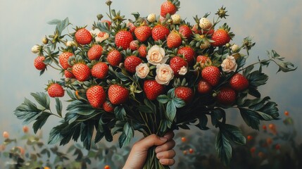 Canvas Print - A hand holding a vibrant bouquet of strawberries and roses.