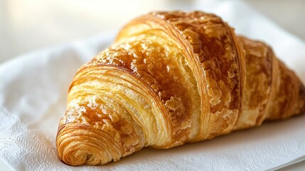 Sticker -   A white croissant rests atop a white napkin placed on a white plate, all perched atop a table