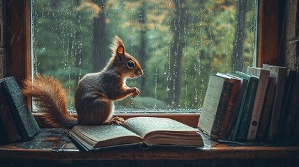 Poster -   A squirrel perched atop a window sill, beside an open book