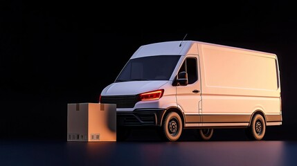 white delivery van parked beside a brown cardboard box, illuminated against a dark background, showc