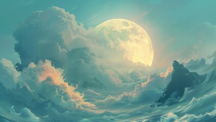 Wall Mural - a large white cloud floats in the sky, behind which is an oversized round...