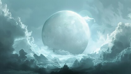 Wall Mural - a large white cloud in the shape of an egg, centered behind the moon in a...