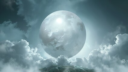 a large white cloud in the shape of an egg, centered behind the moon in a...